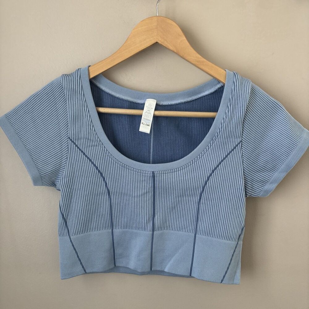 OFFLINE by Aerie Seamless Ribbed Corset Crop Top Blue Short Sleeve M